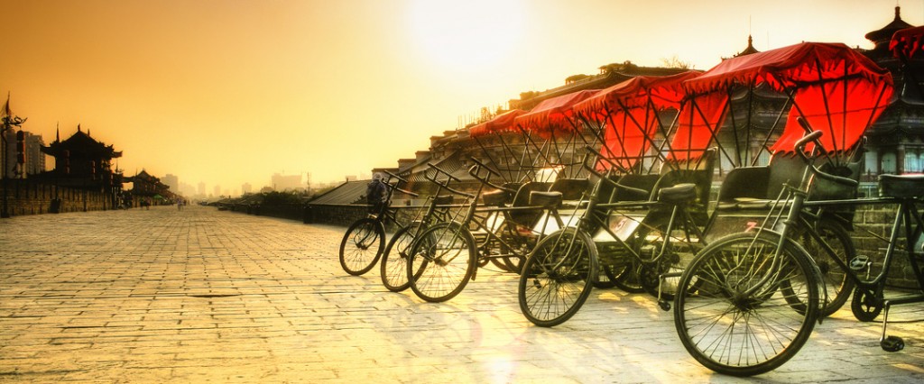 Xi'an / China  - Town wall with bicycles